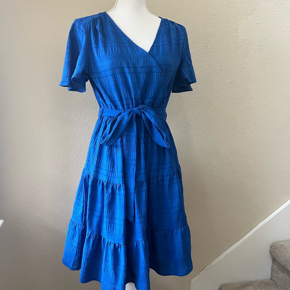Short Sleeves Blue Wrap Dress